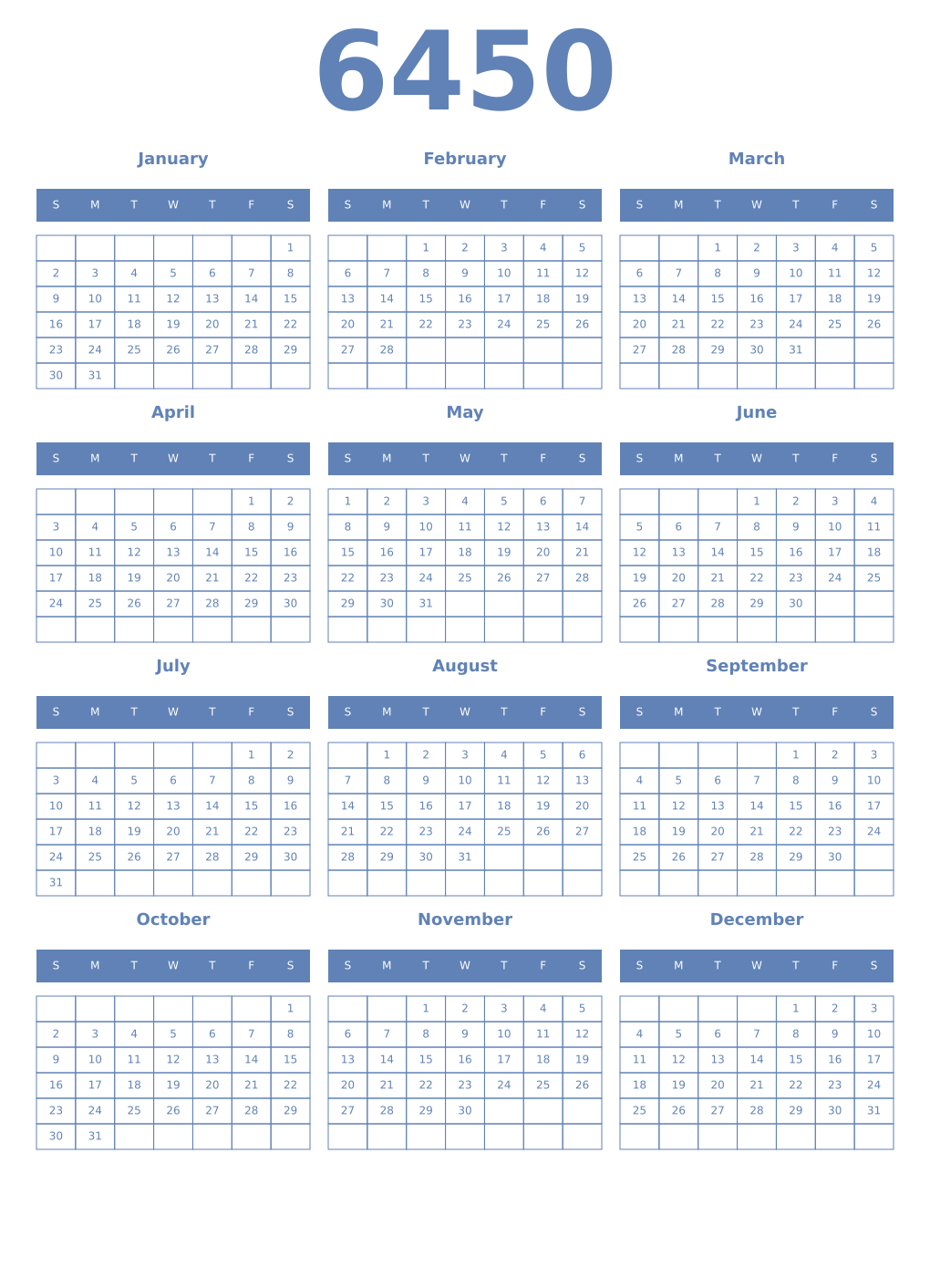 Printable 6450 Year Calendars glaucous