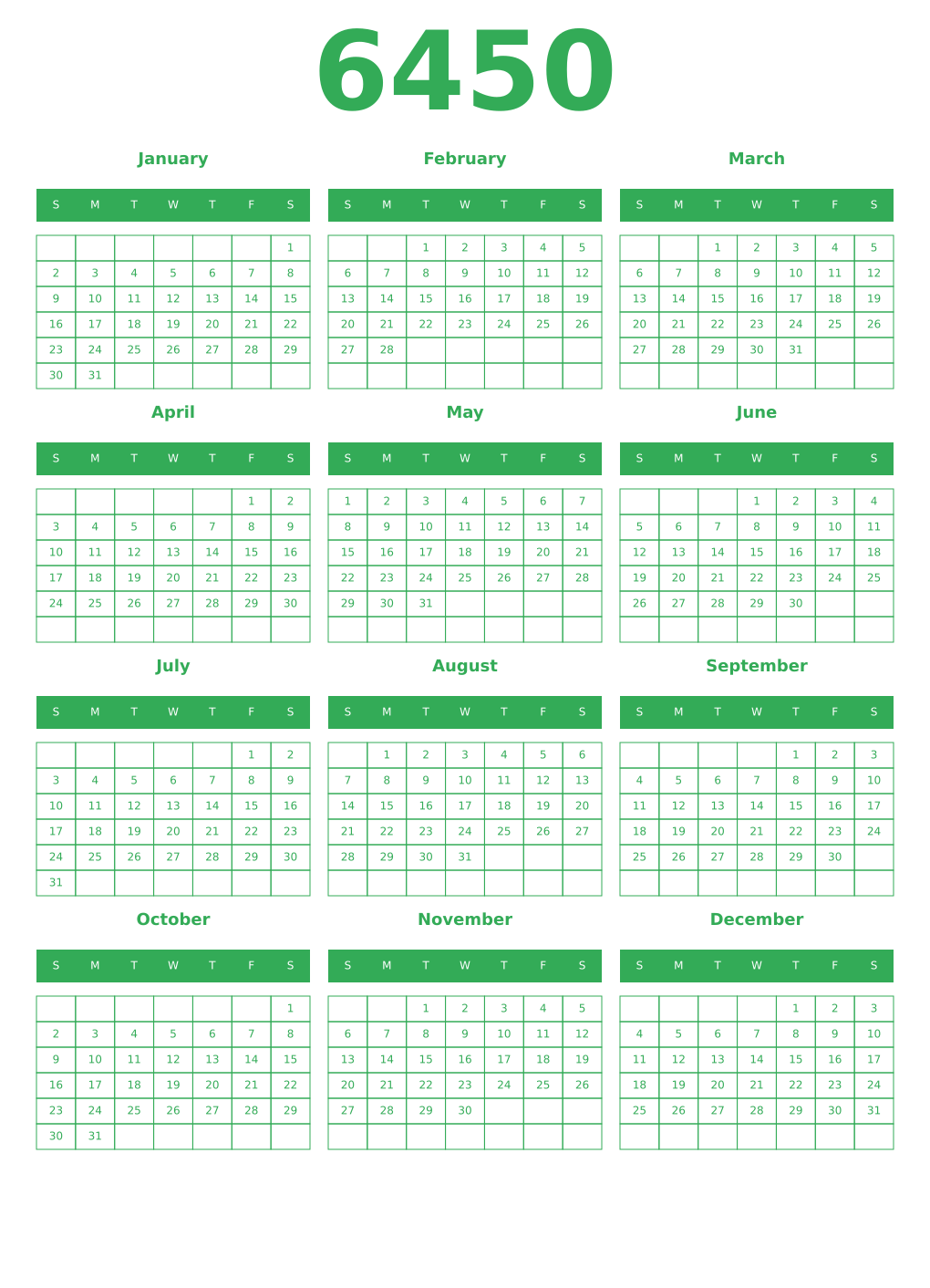 Printable 6450 Year Calendars green