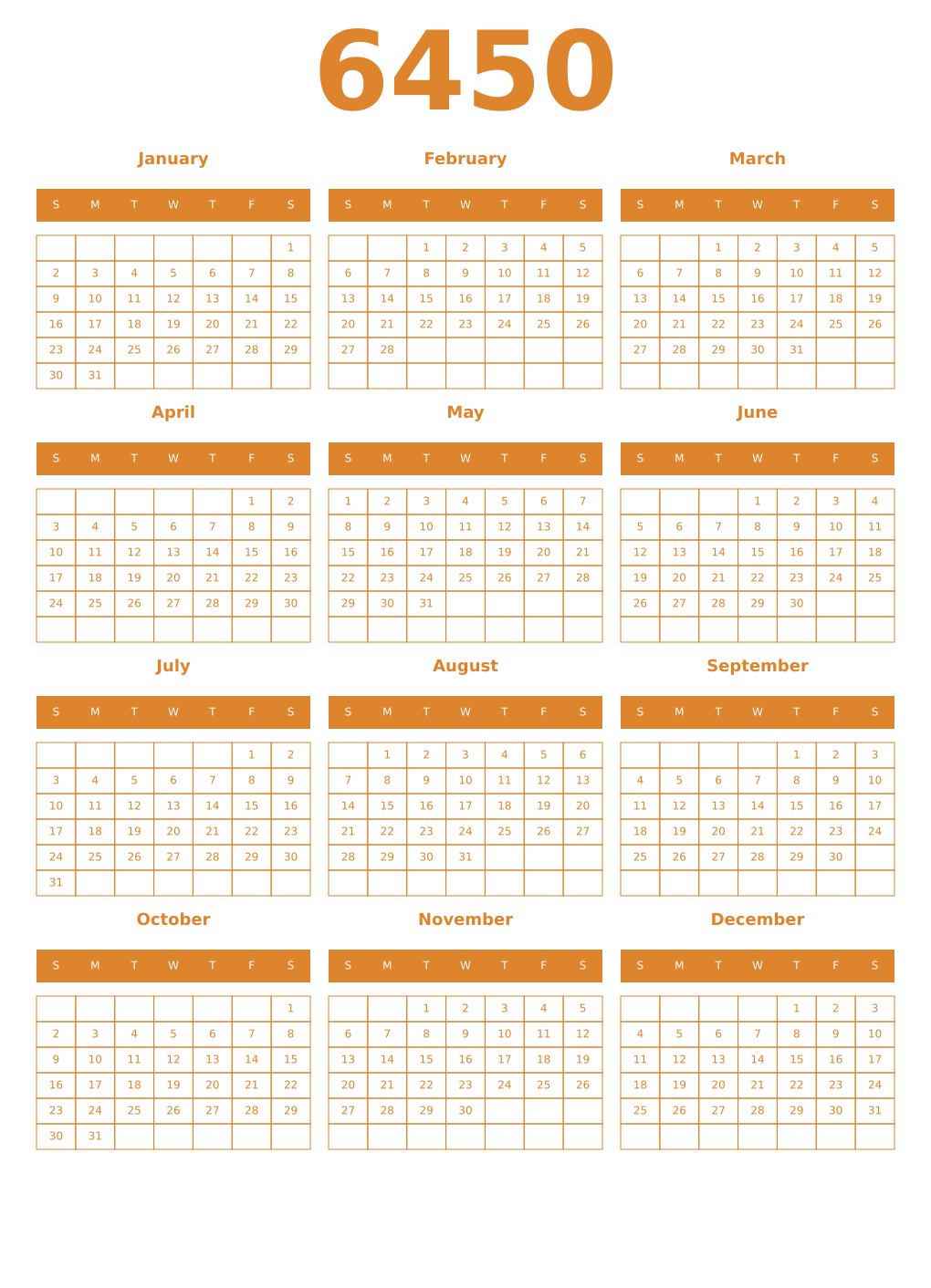Printable 6450 Year Calendars orange
