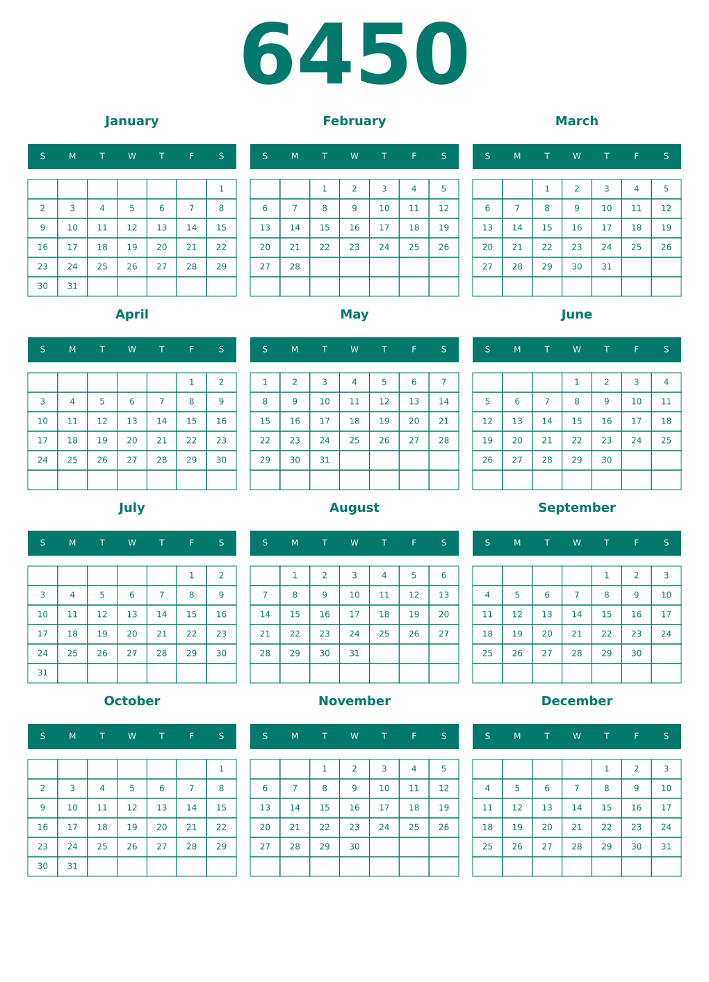 Printable 6450 Year Calendars pastel