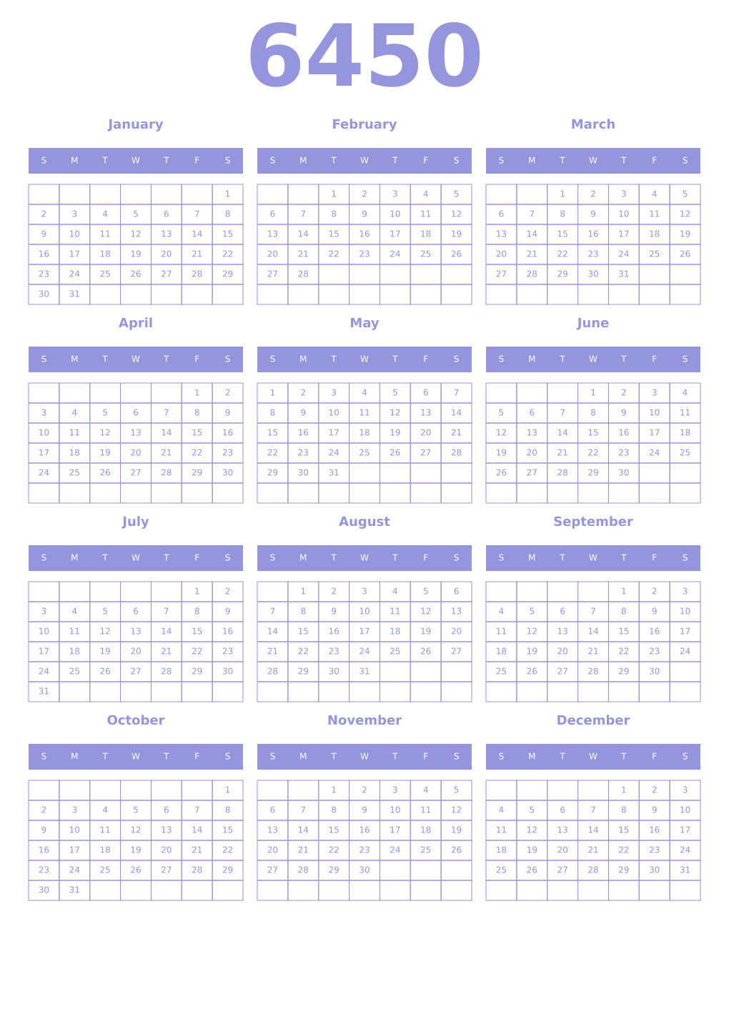 Printable 6450 Year Calendars periwinkle