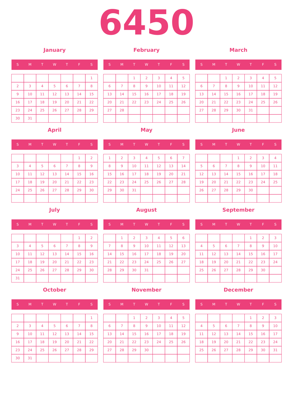 Printable 6450 Year Calendars pink