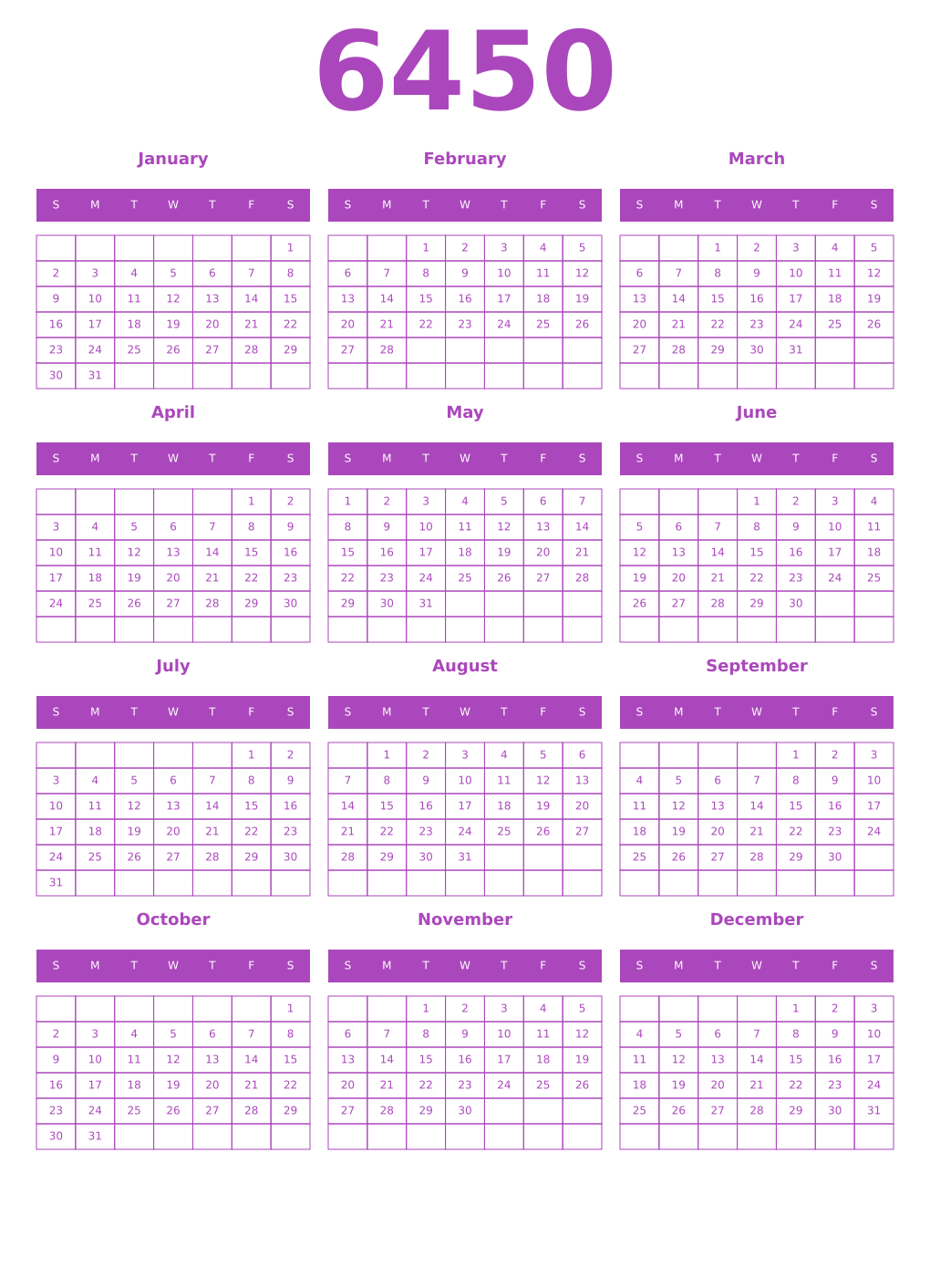 Printable 6450 Year Calendars purple