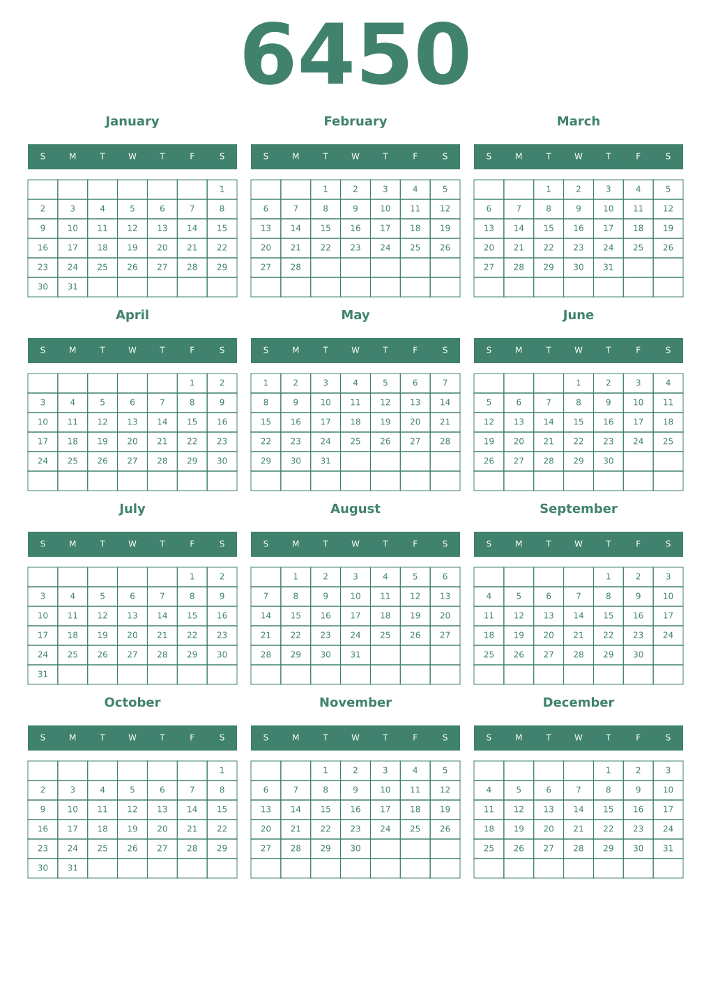 Printable 6450 Year Calendars viridian