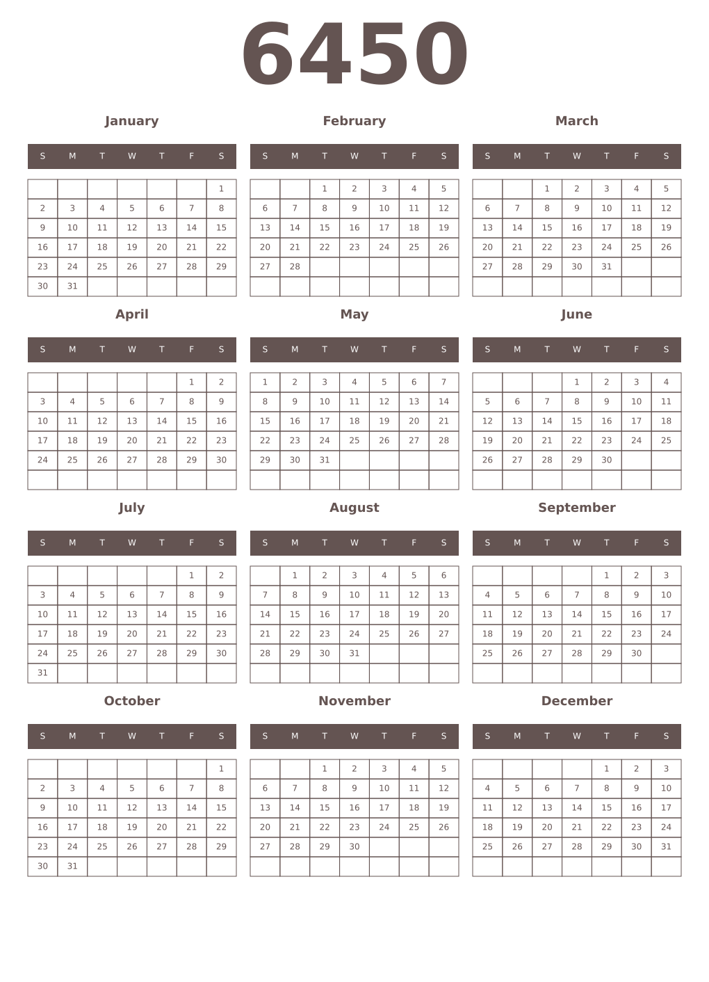 Printable 6450 Year Calendars wenge