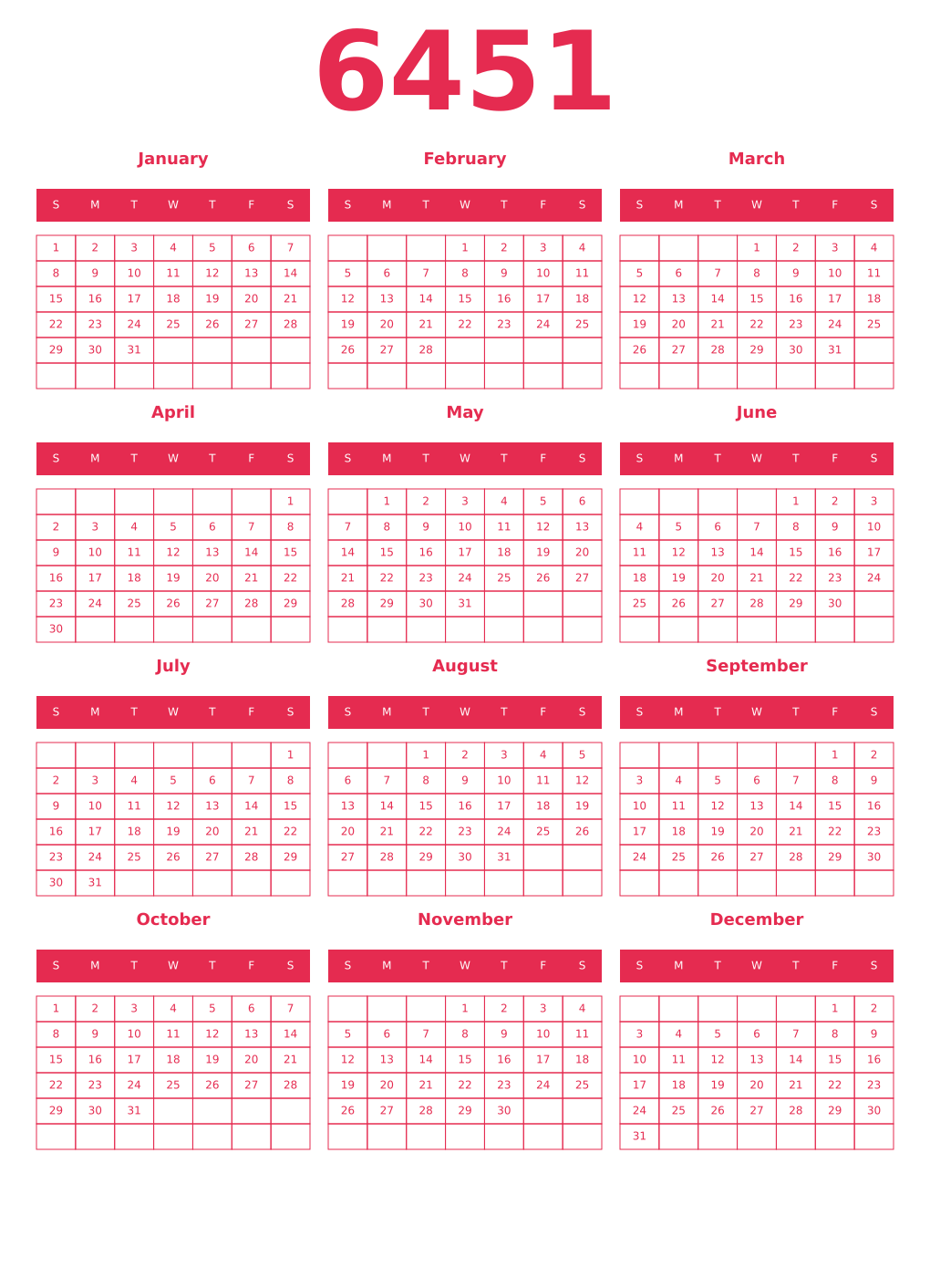 Printable 6451 Year Calendars amaranth