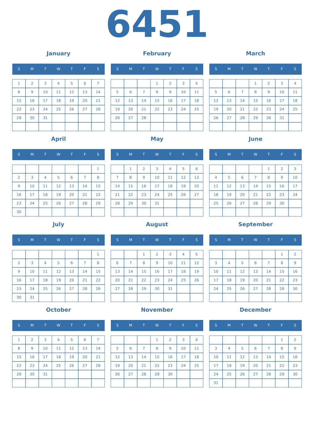 Printable 6451 Year Calendars blue