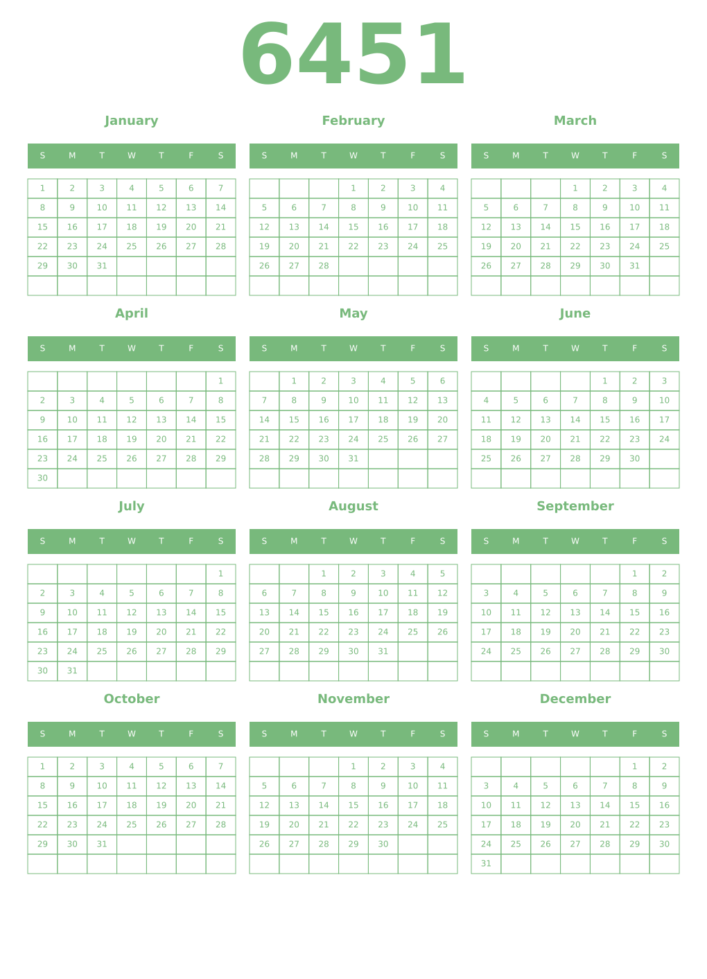 Printable 6451 Year Calendars celadon