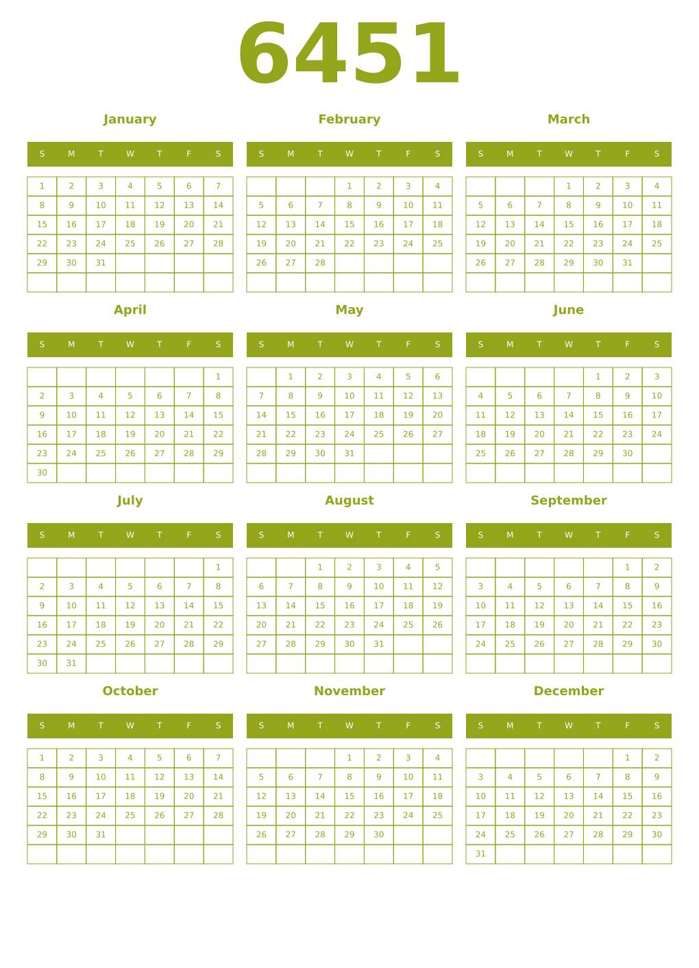 Printable 6451 Year Calendars chartreuse