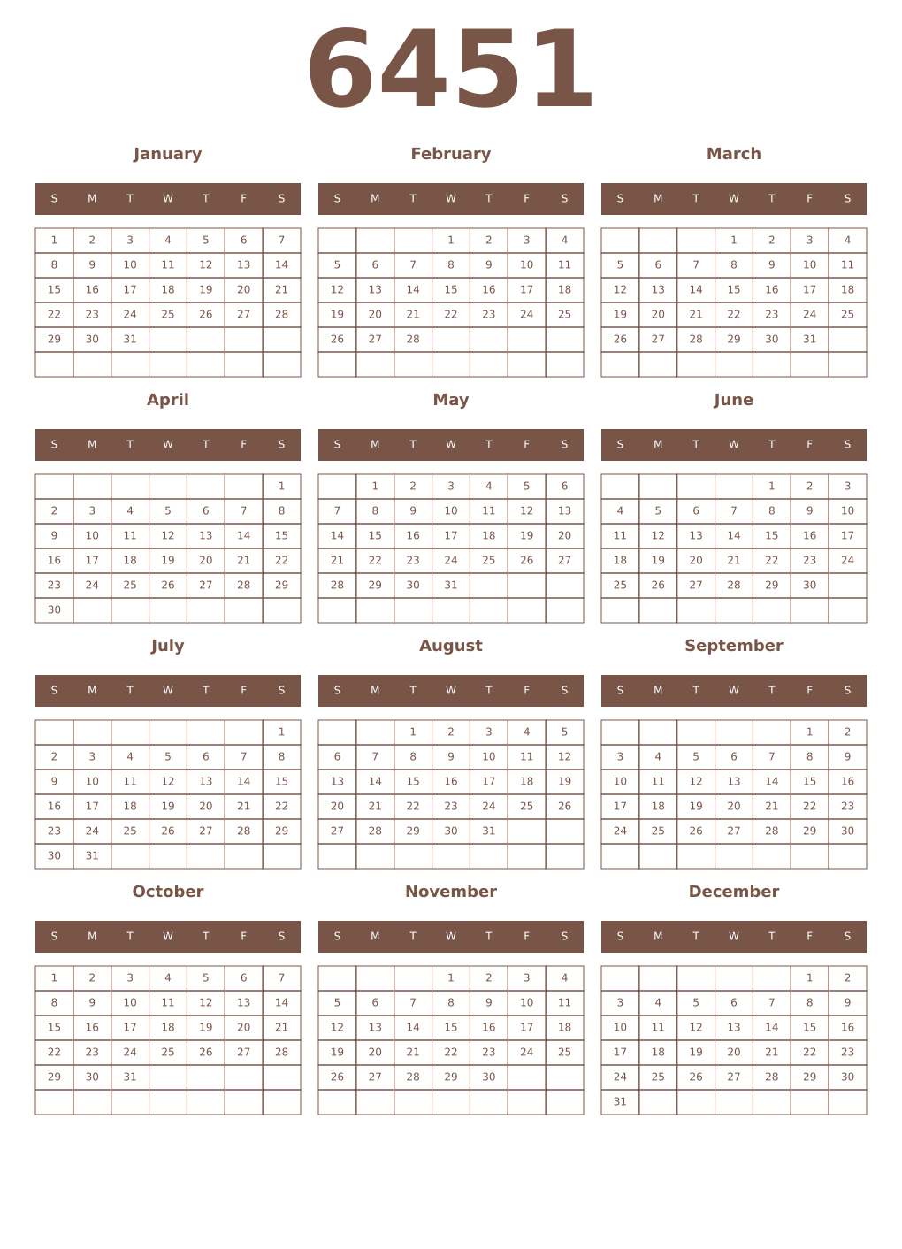 Printable 6451 Year Calendars coffe