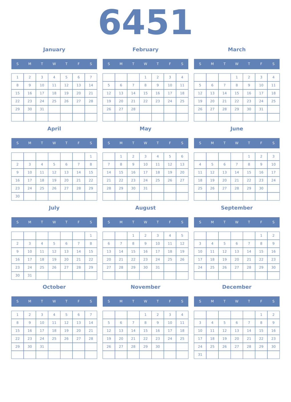 Printable 6451 Year Calendars glaucous