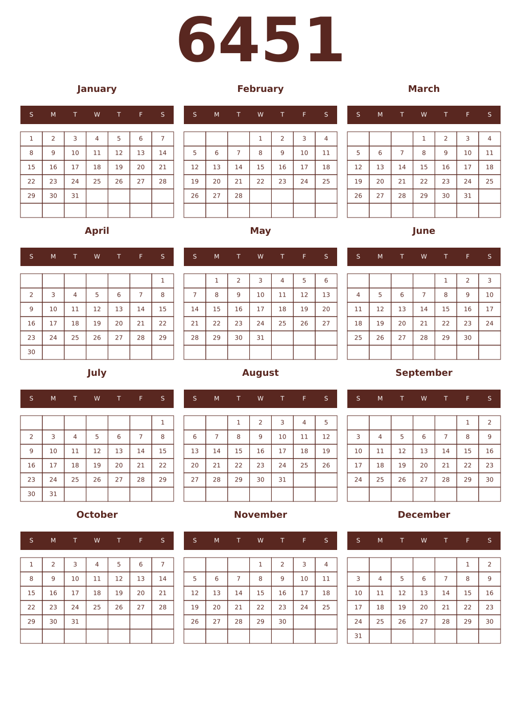 Printable 6451 Year Calendars mortuum