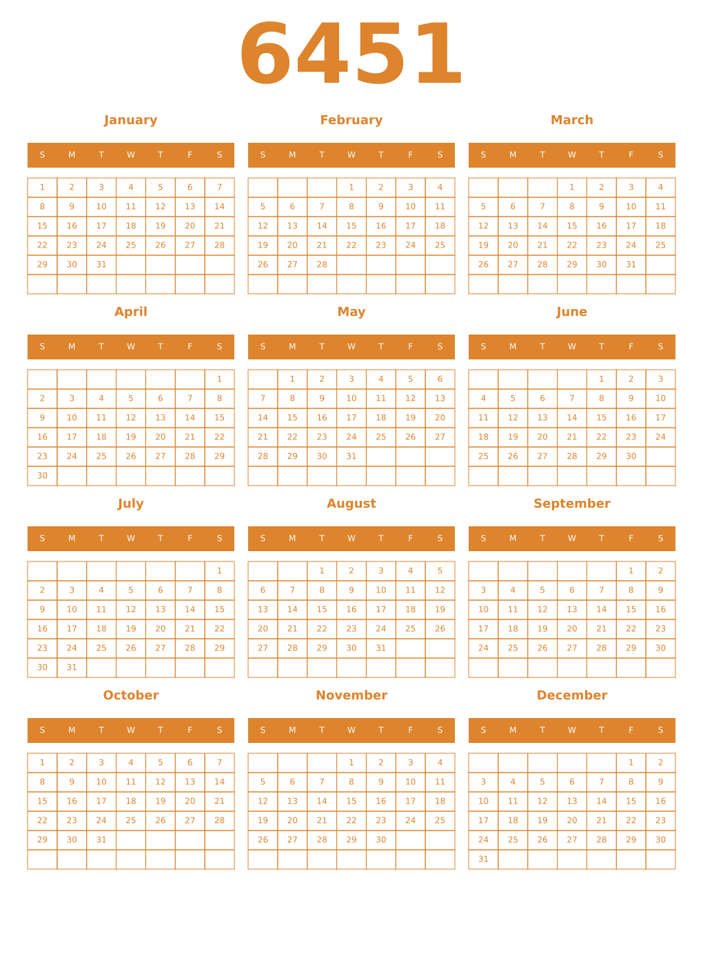 Printable 6451 Year Calendars orange
