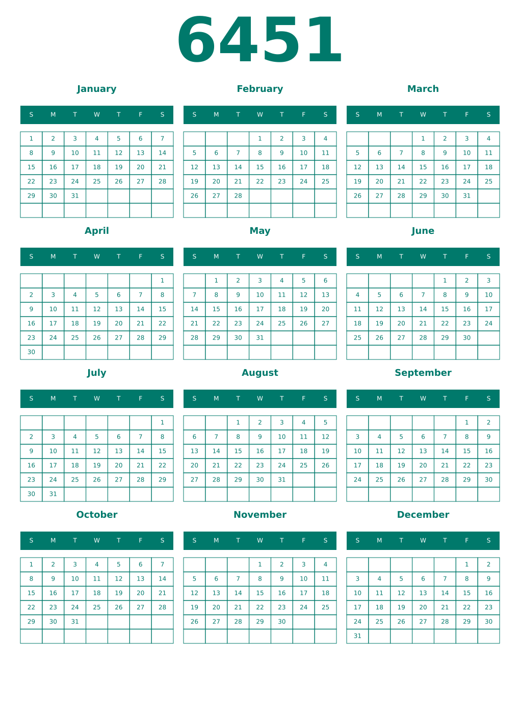 Printable 6451 Year Calendars pastel
