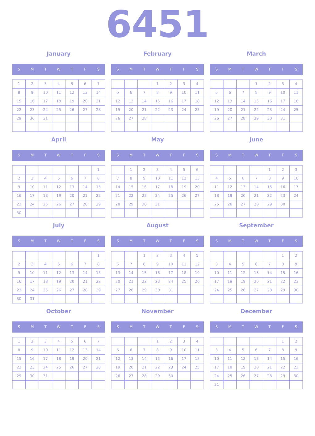 Printable 6451 Year Calendars periwinkle