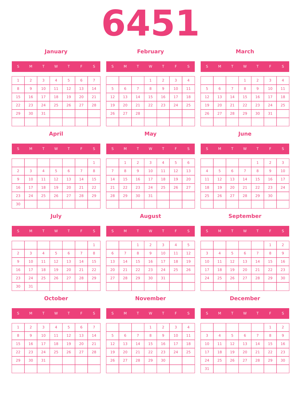 Printable 6451 Year Calendars pink