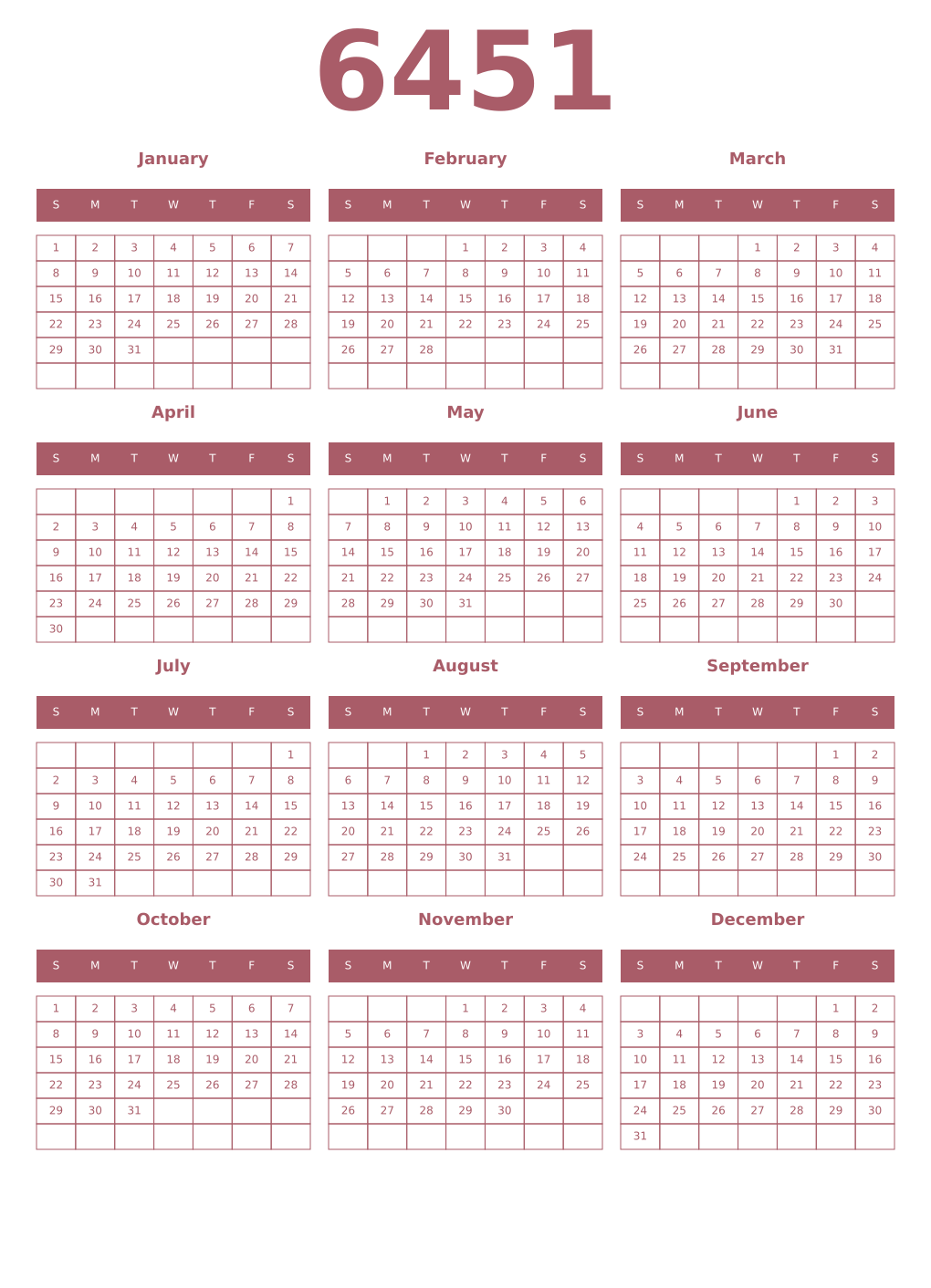 Printable 6451 Year Calendars puce