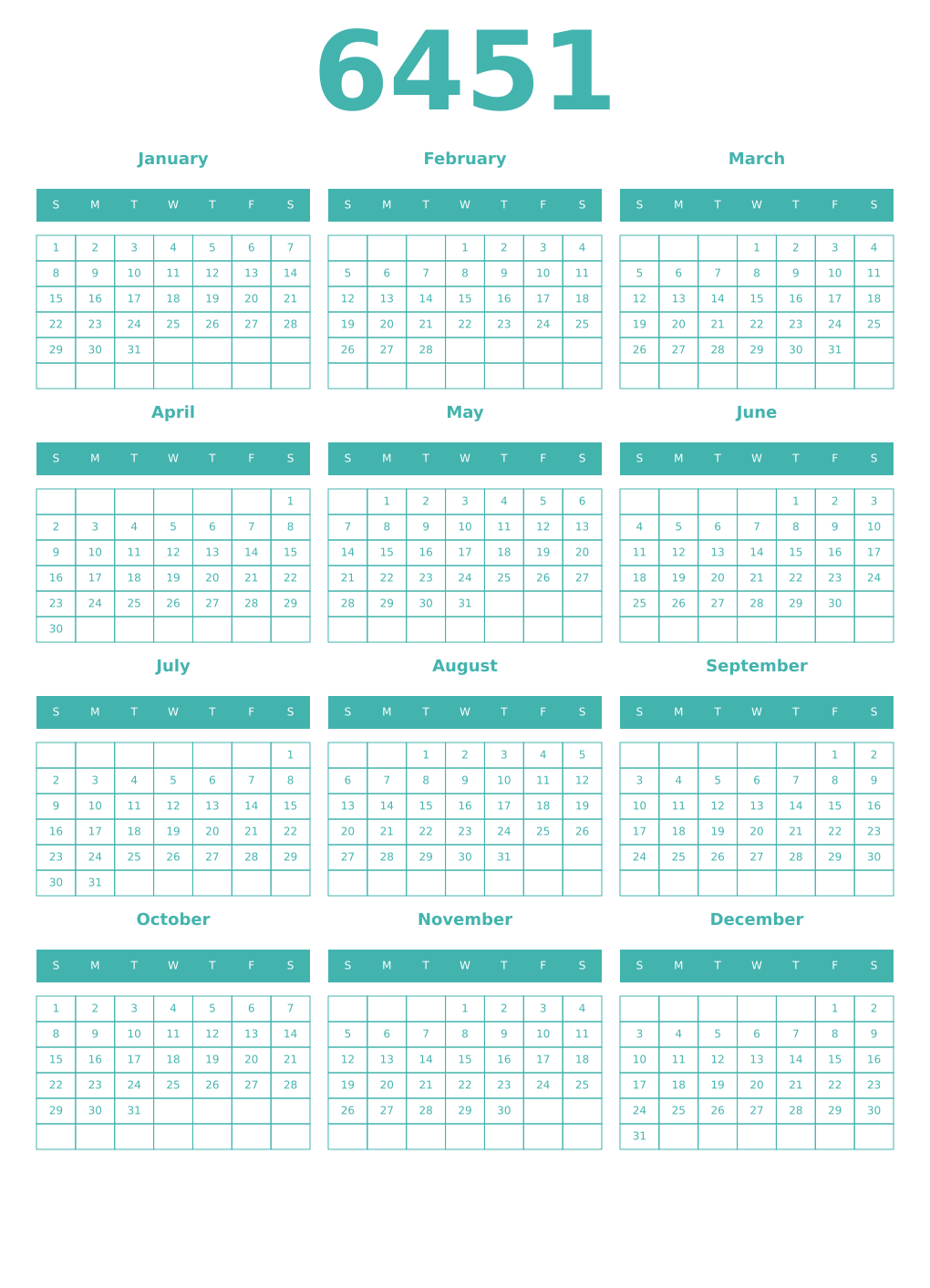 Printable 6451 Year Calendars verdigris