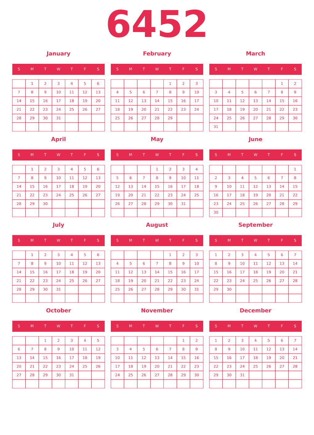 Printable 6452 Year Calendars amaranth