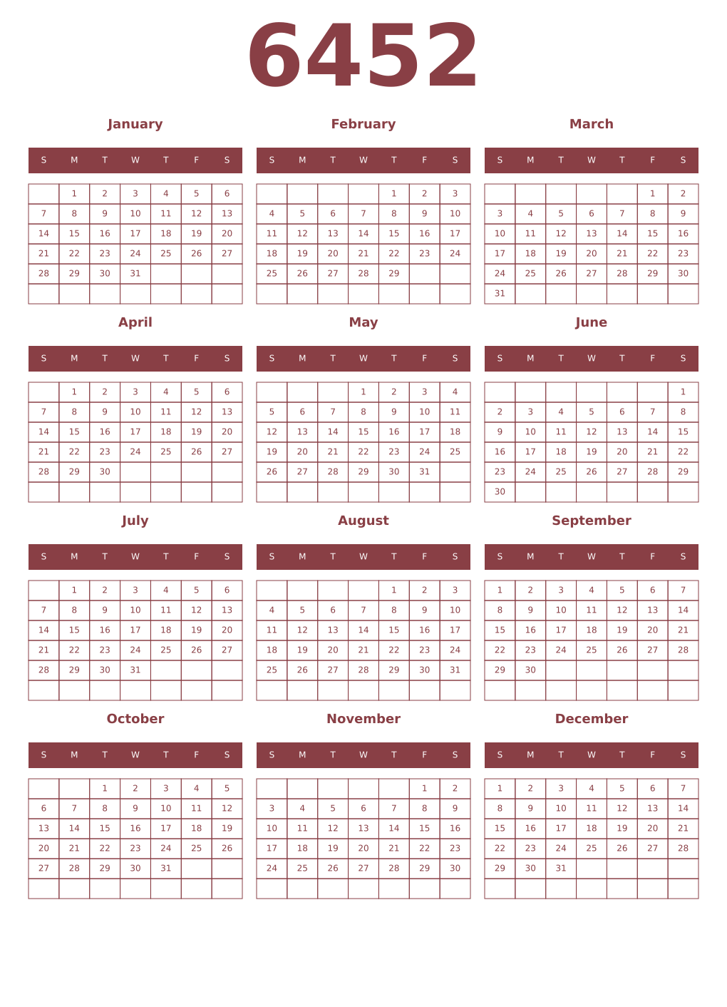 Printable 6452 Year Calendars cordovan