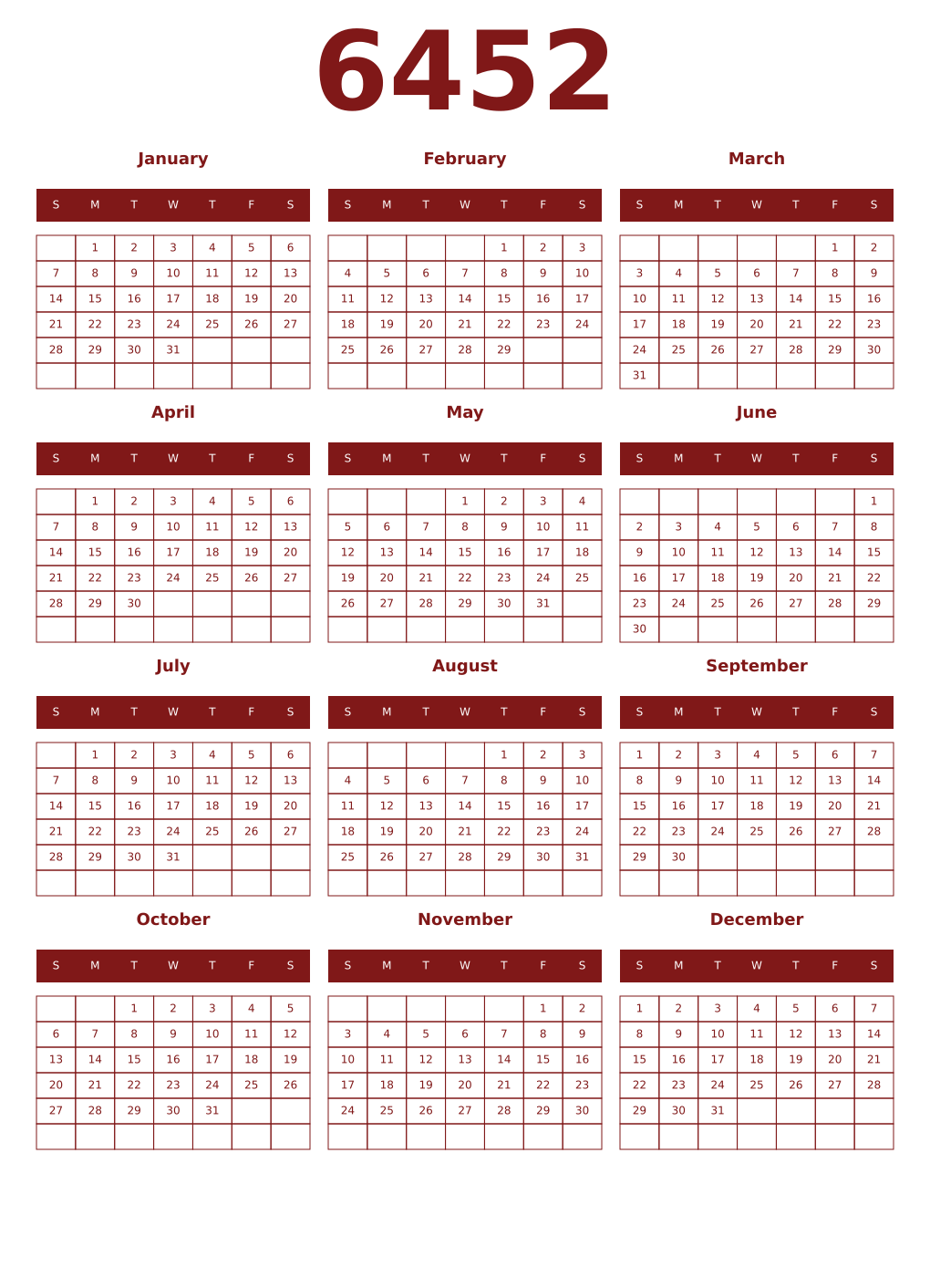 Printable 6452 Year Calendars falu
