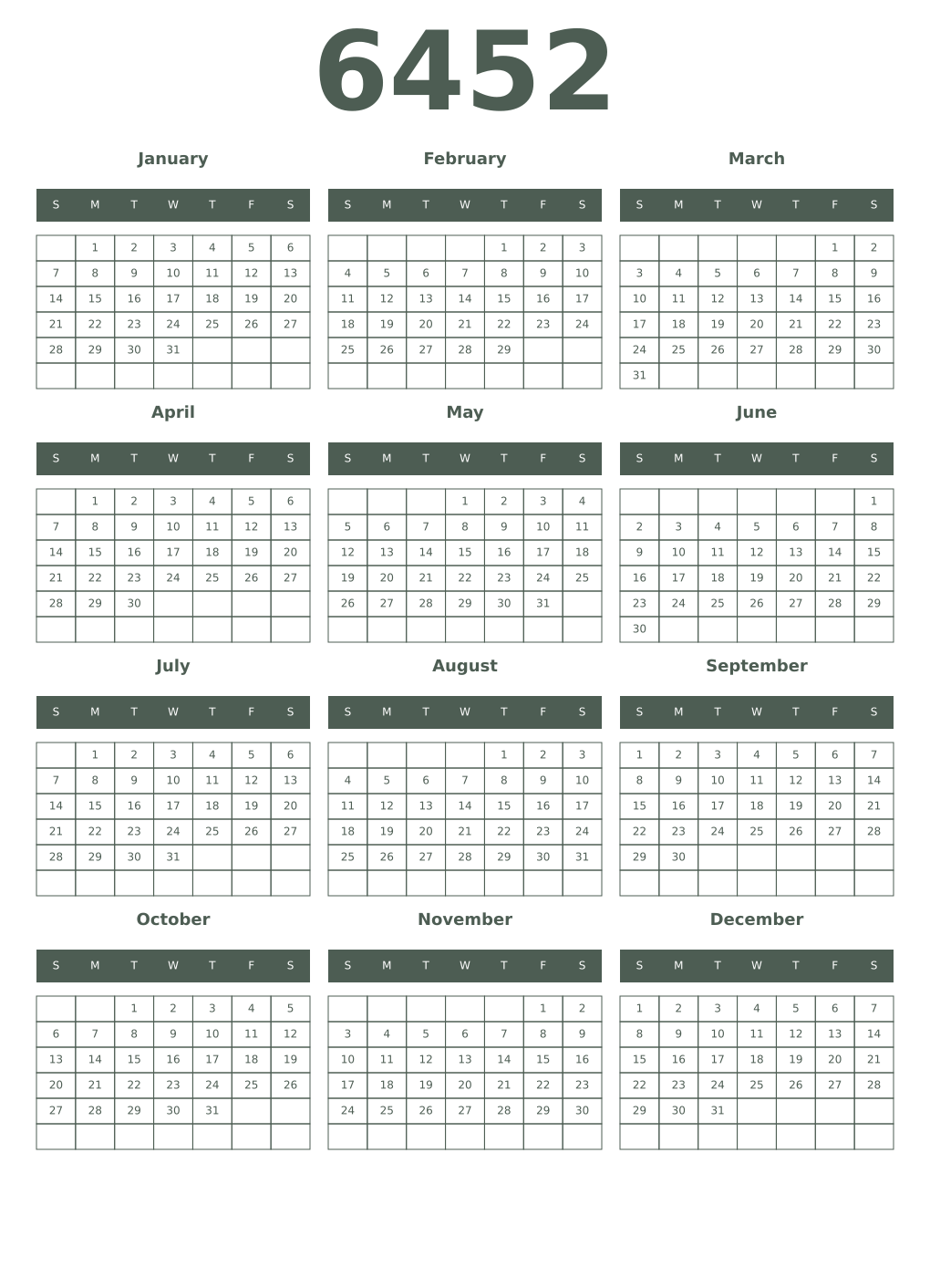 Printable 6452 Year Calendars feldgrau