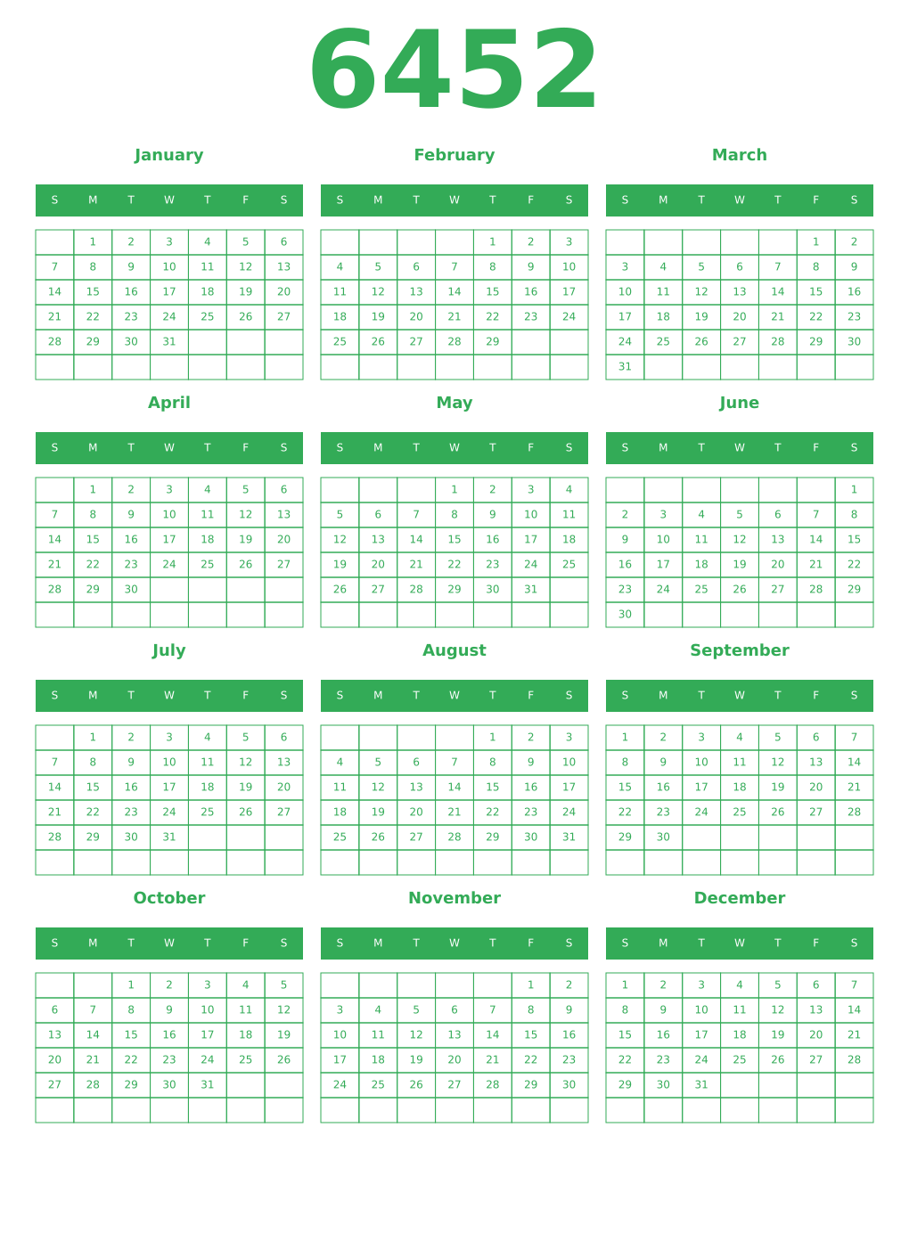Printable 6452 Year Calendars green