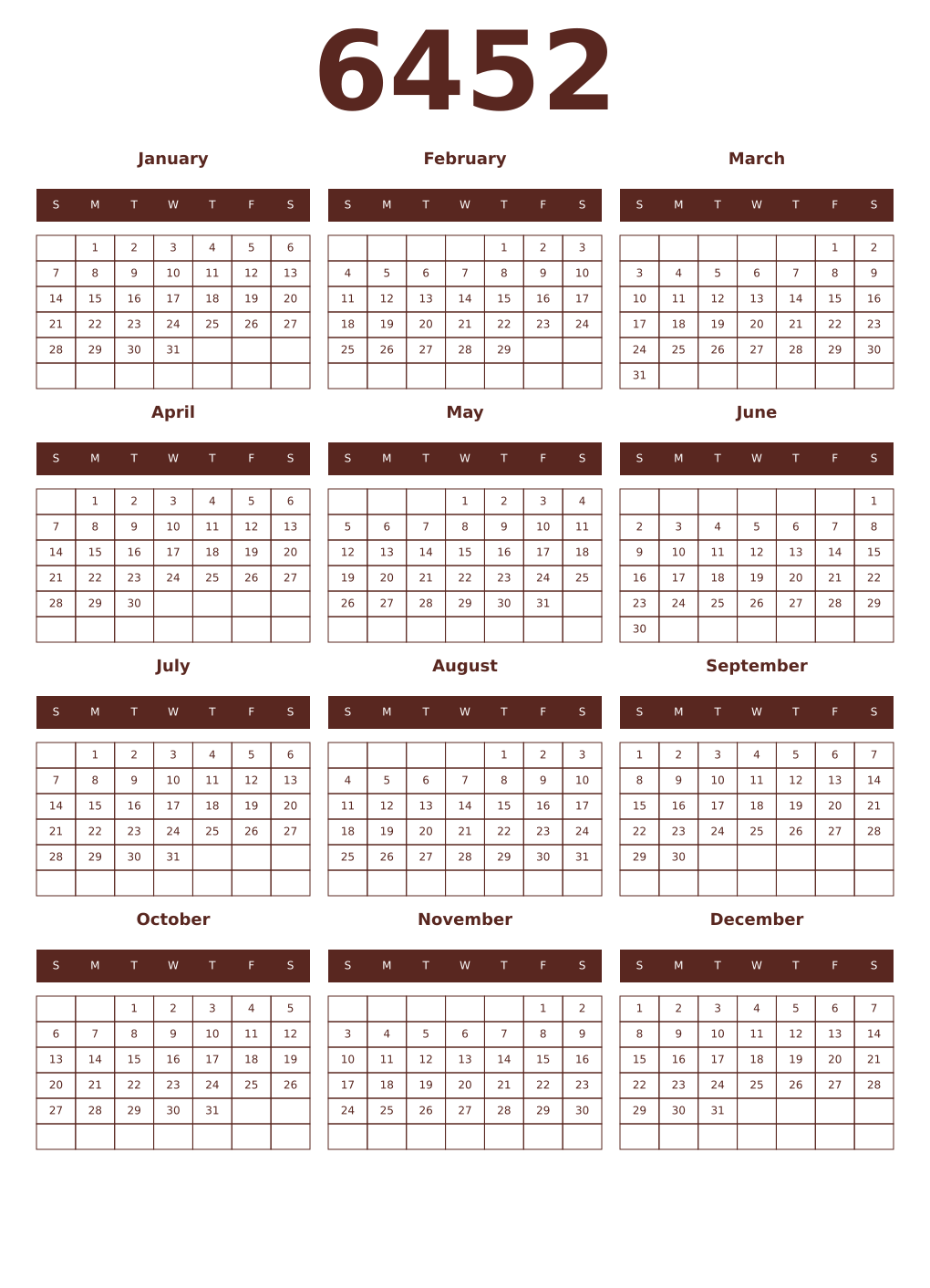 Printable 6452 Year Calendars mortuum