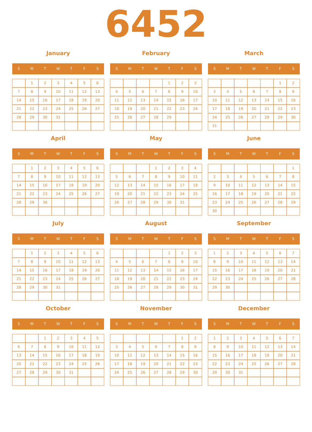 Printable 6452 Year Calendars orange