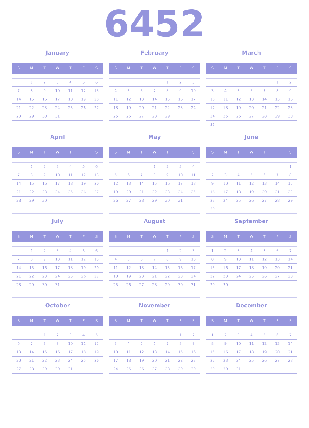 Printable 6452 Year Calendars periwinkle