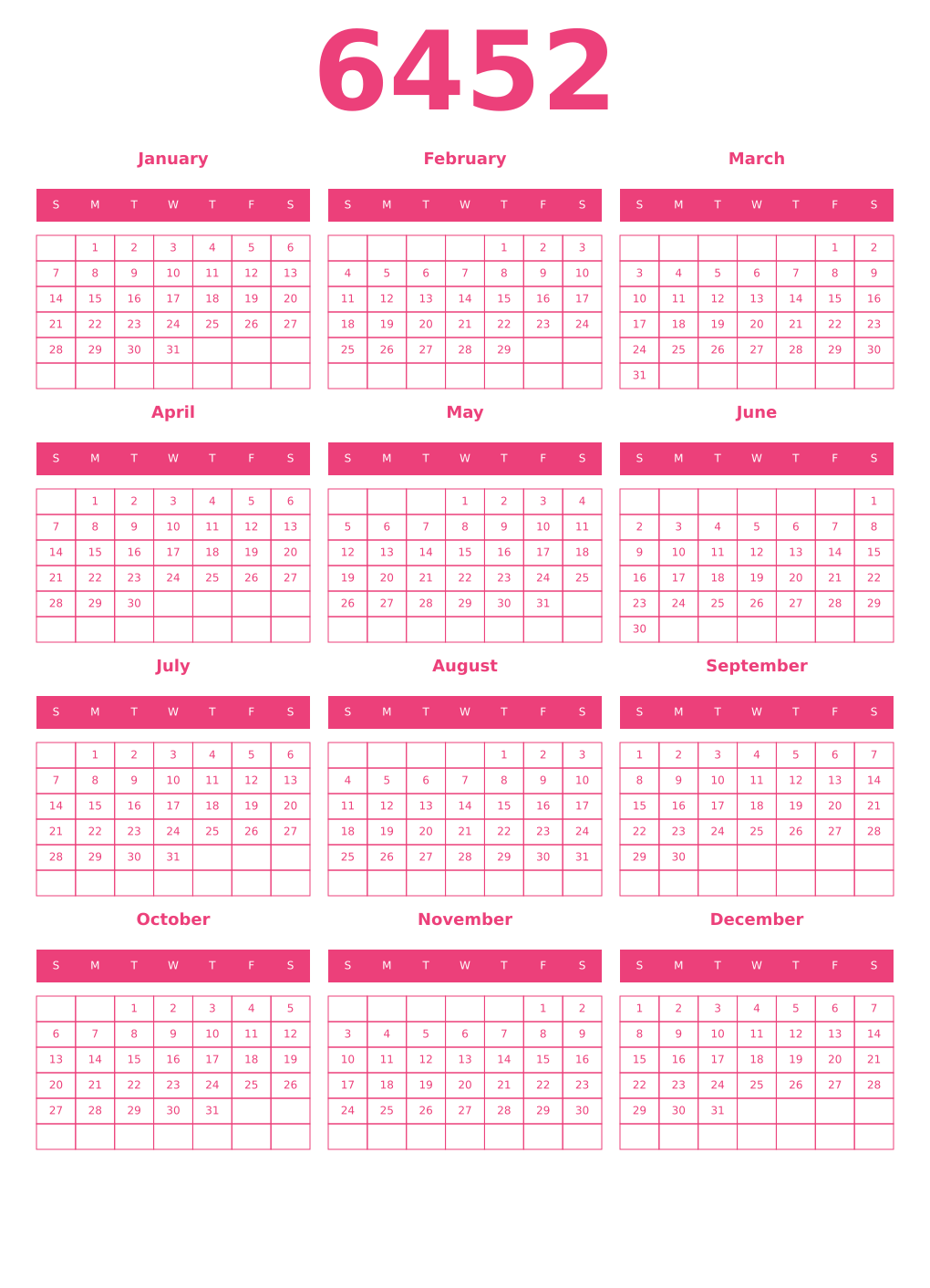 Printable 6452 Year Calendars pink