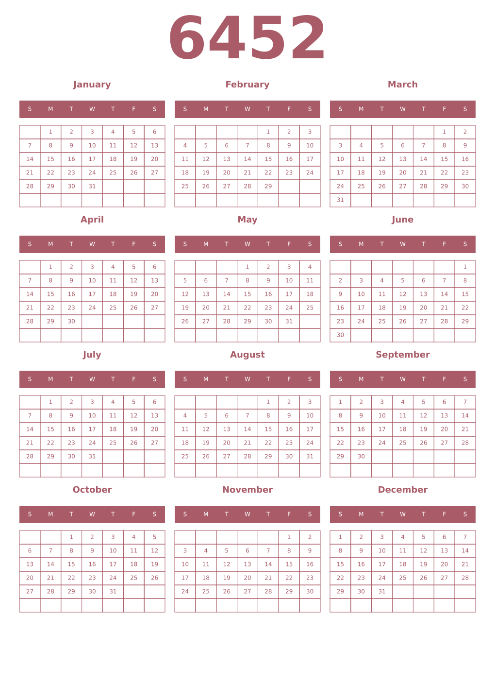 Printable 6452 Year Calendars puce