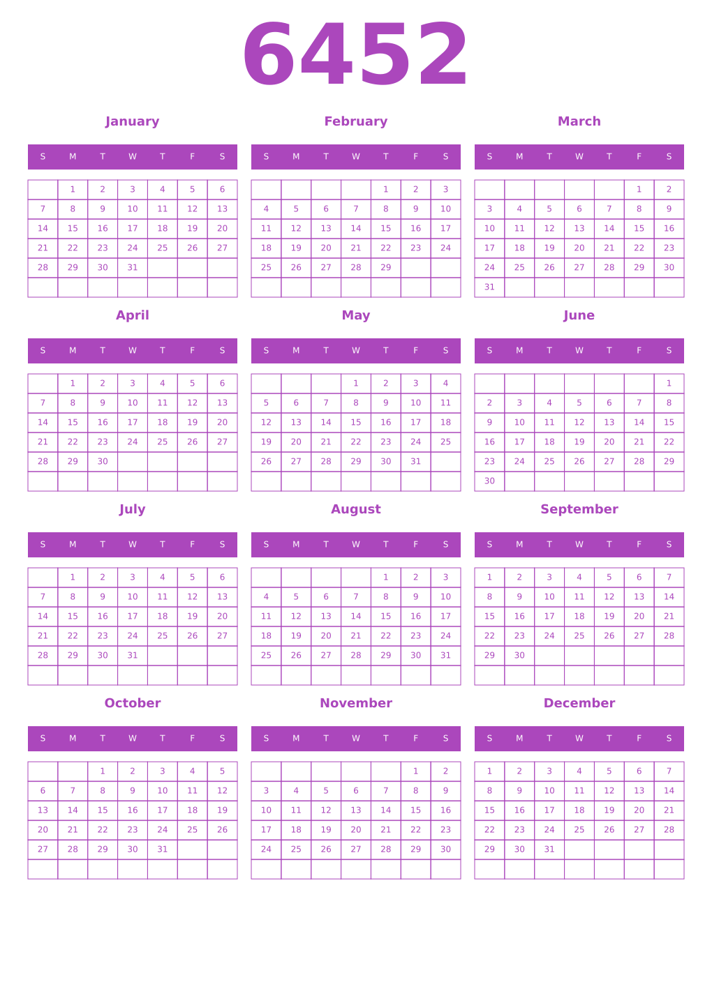 Printable 6452 Year Calendars purple