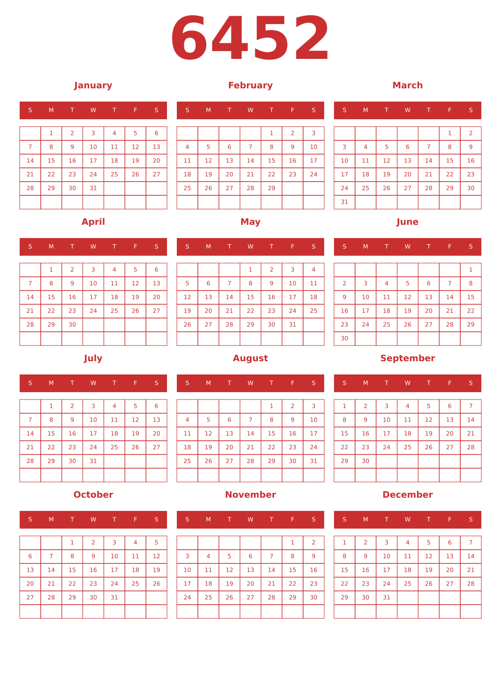 Printable 6452 Year Calendars red