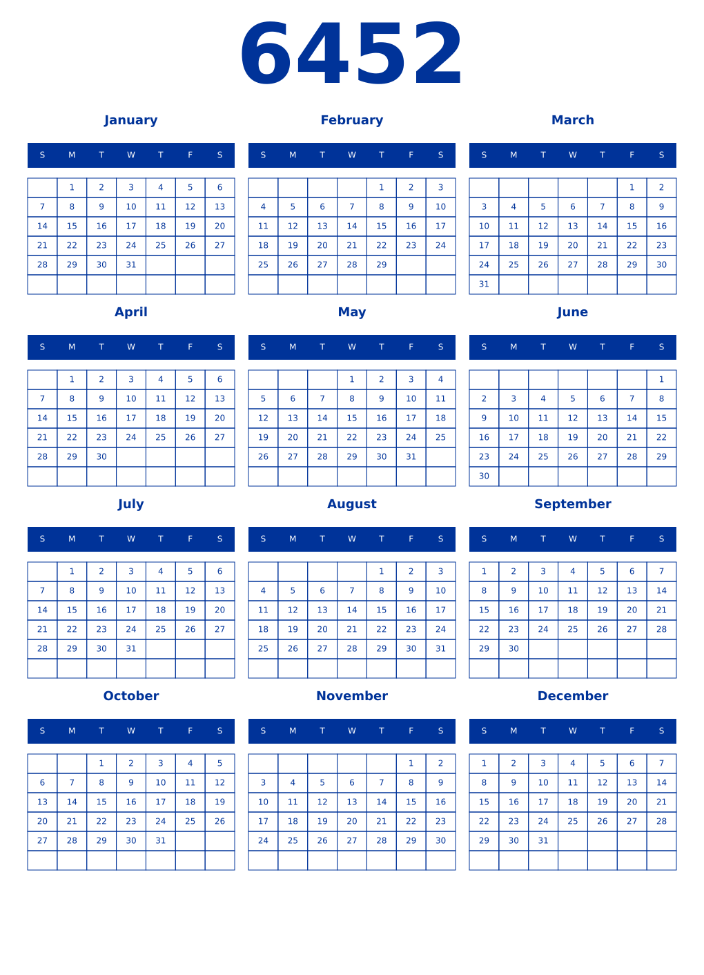 Printable 6452 Year Calendars smalt