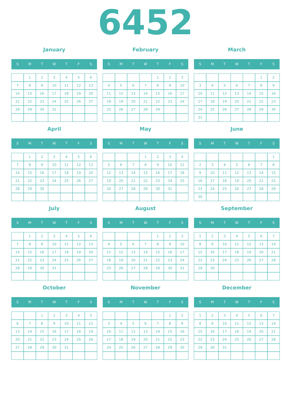 Printable 6452 Year Calendars verdigris