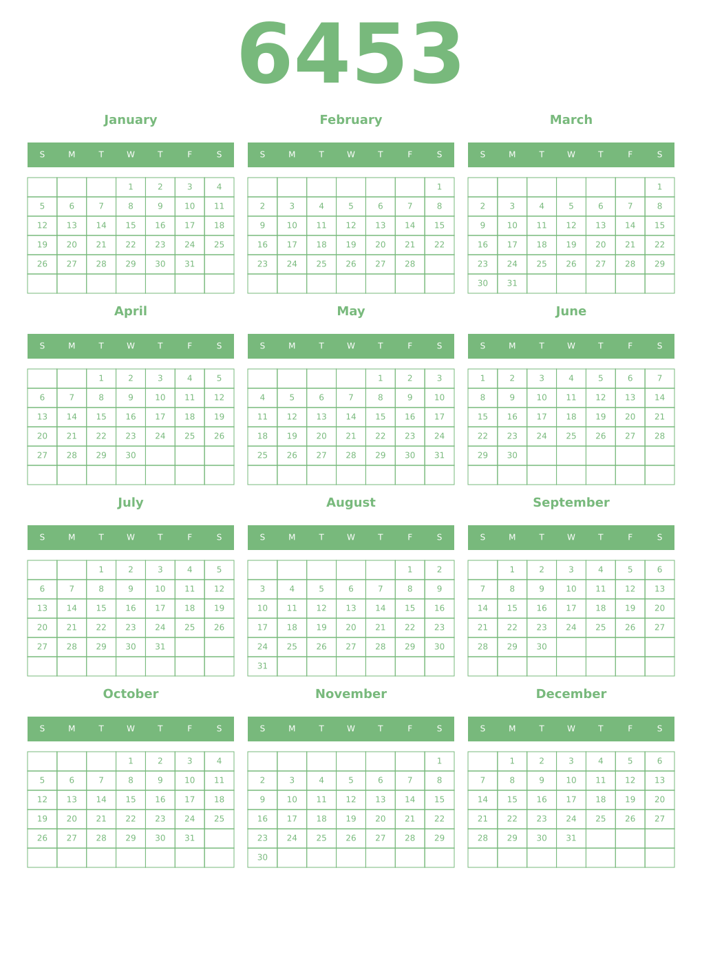 Printable 6453 Year Calendars celadon