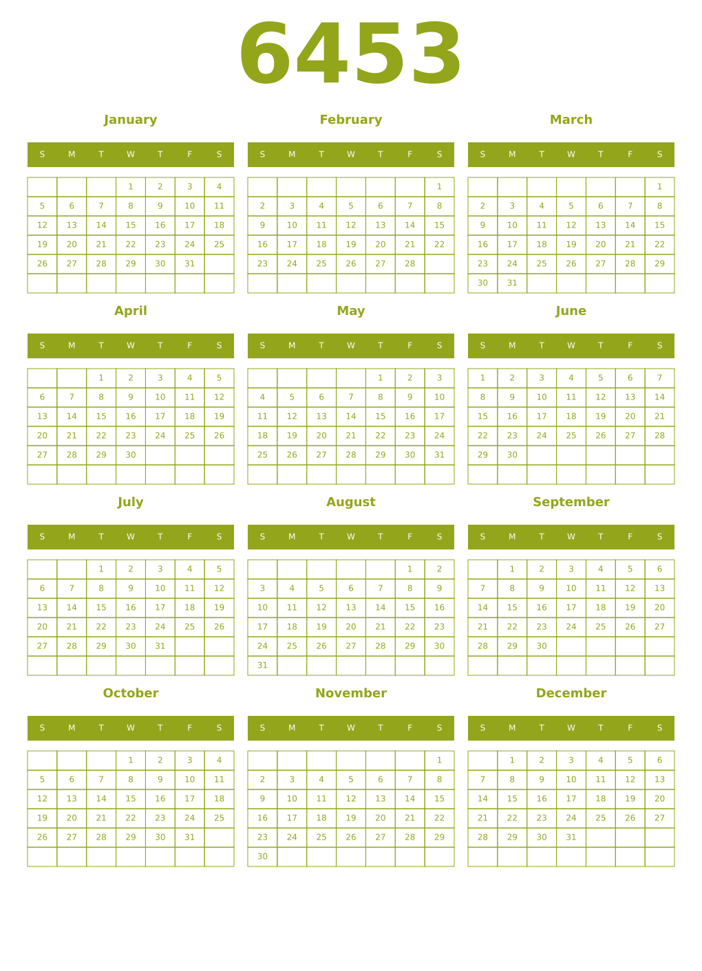 Printable 6453 Year Calendars chartreuse