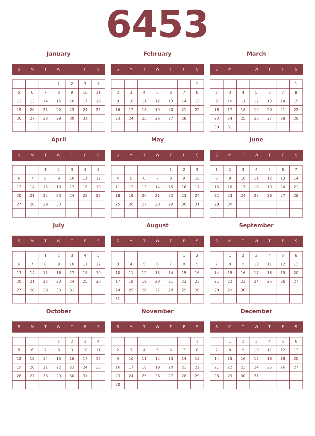 Printable 6453 Year Calendars cordovan