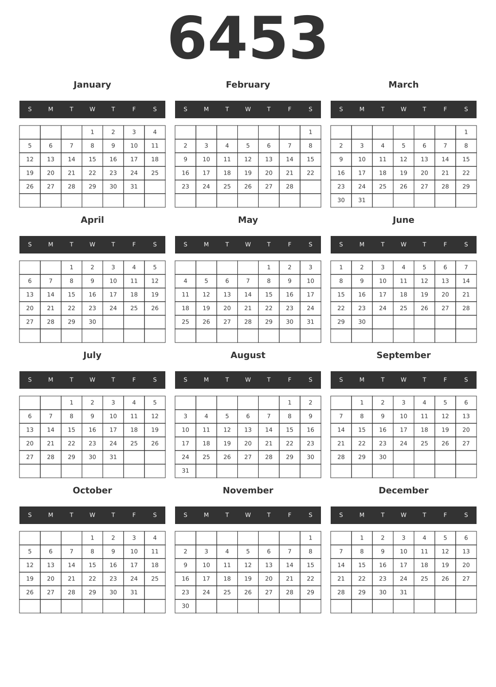 Printable 6453 Year Calendars dark