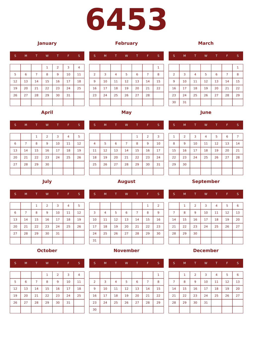 Printable 6453 Year Calendars falu