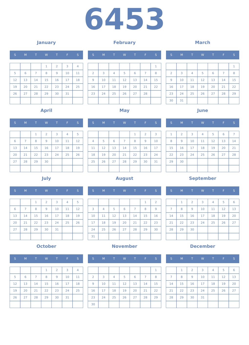 Printable 6453 Year Calendars glaucous