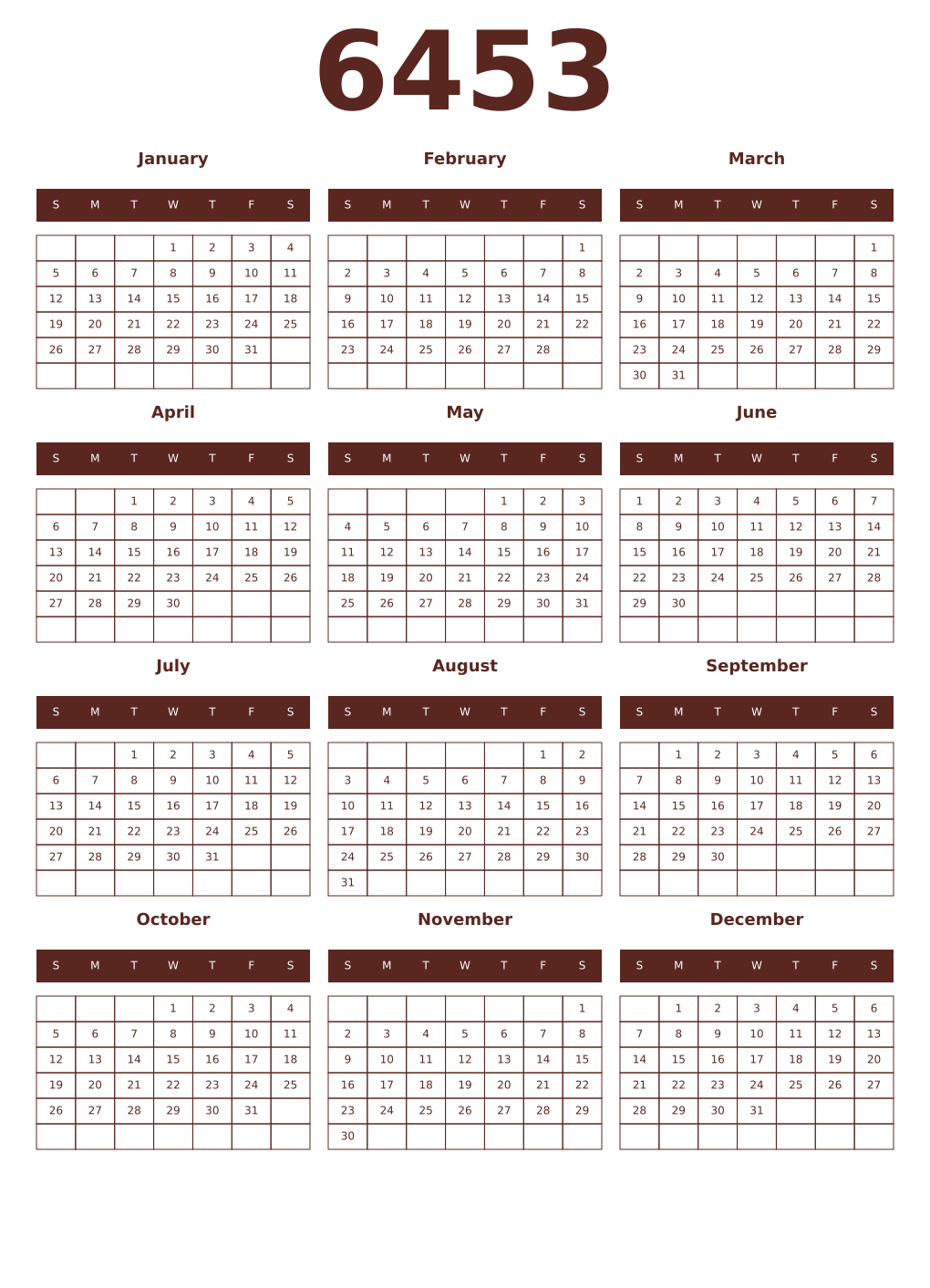 Printable 6453 Year Calendars mortuum