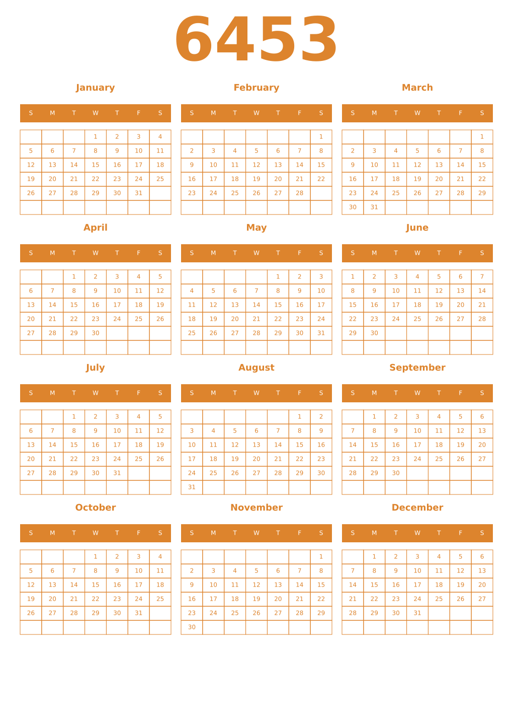 Printable 6453 Year Calendars orange