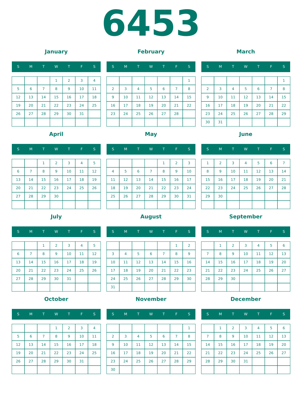 Printable 6453 Year Calendars pastel