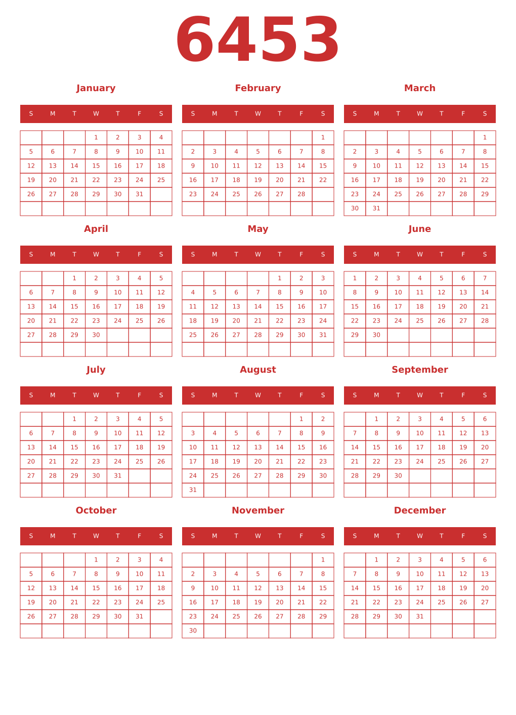 Printable 6453 Year Calendars red