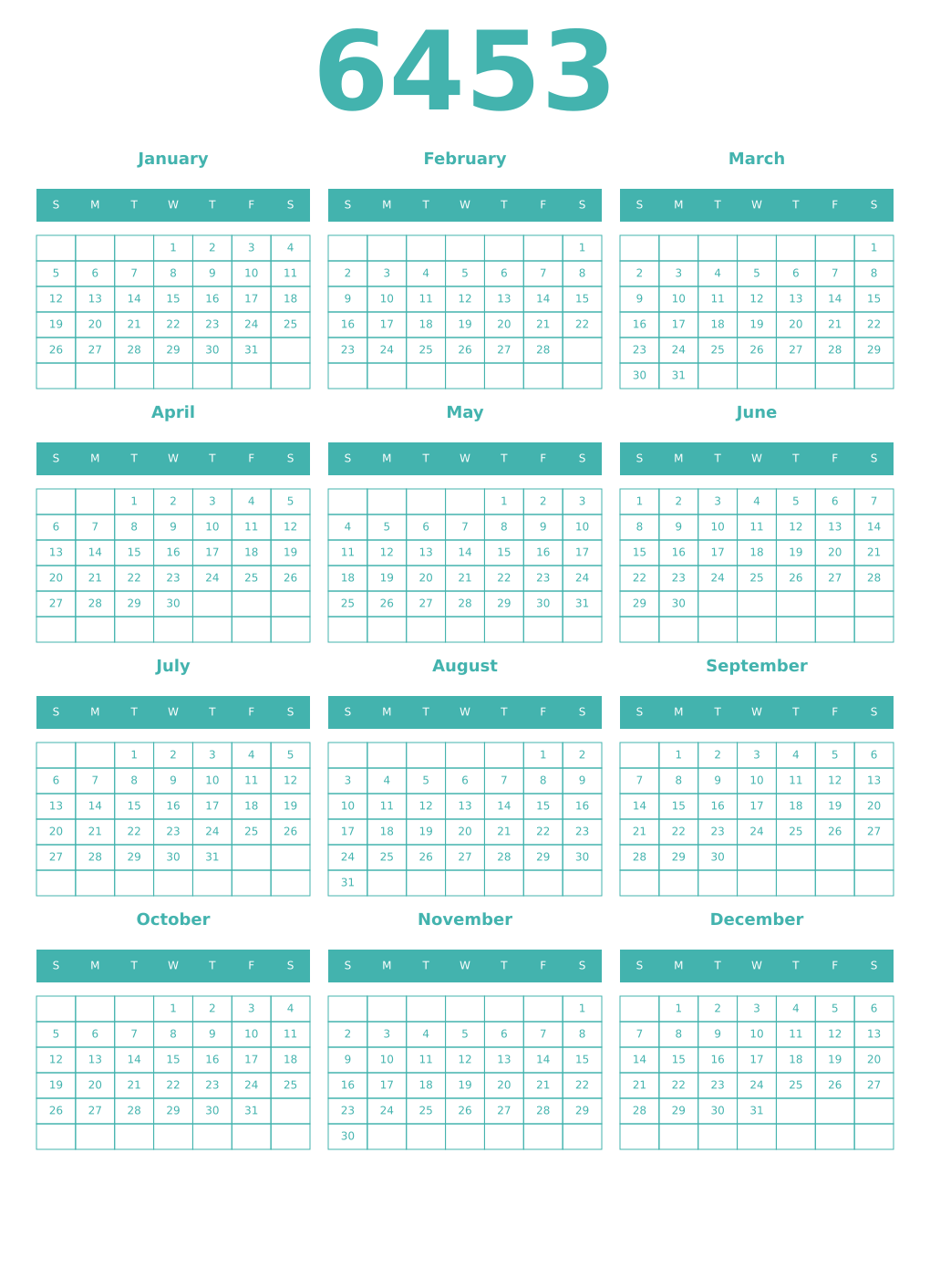 Printable 6453 Year Calendars verdigris
