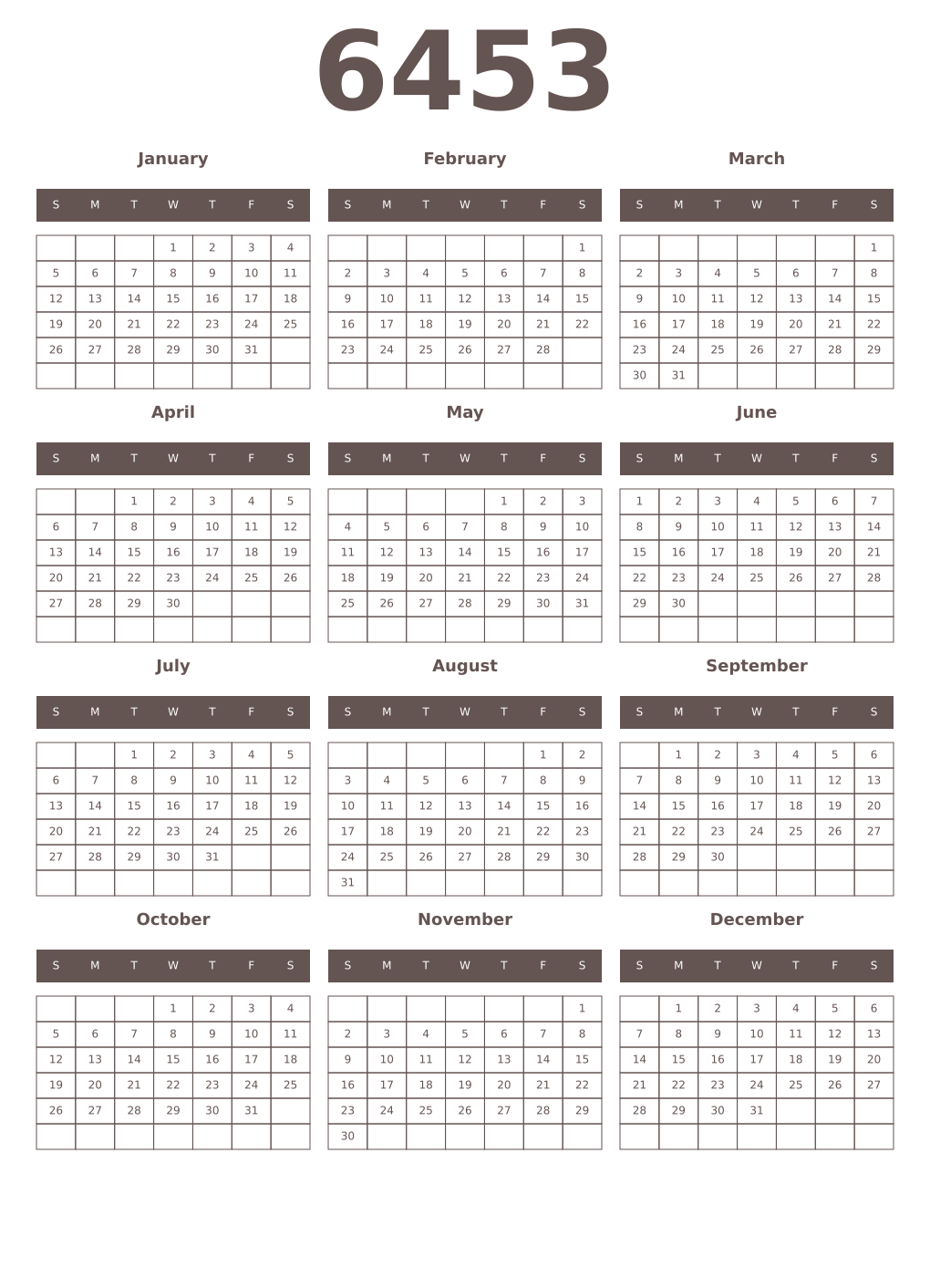 Printable 6453 Year Calendars wenge