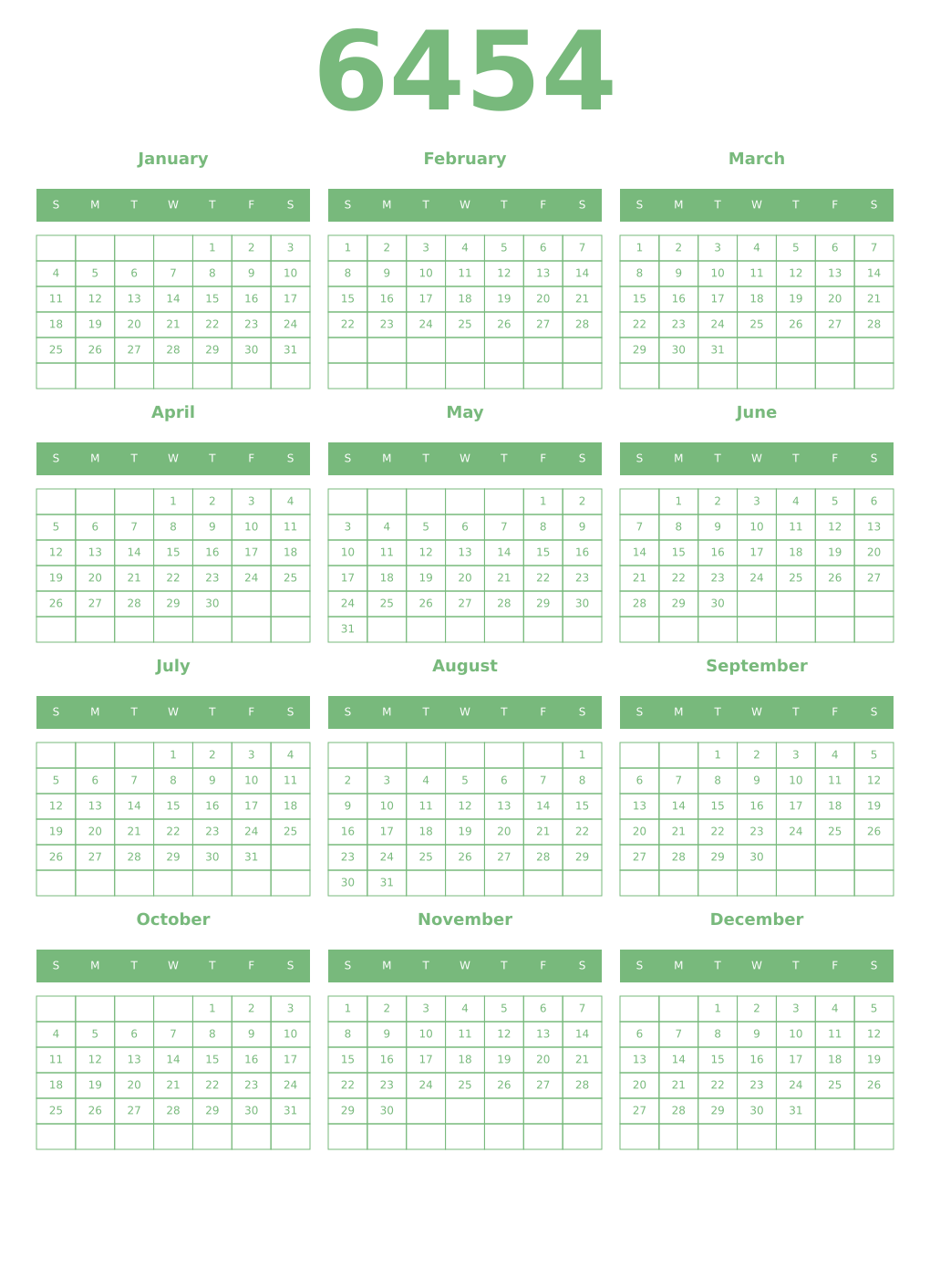 Printable 6454 Year Calendars celadon