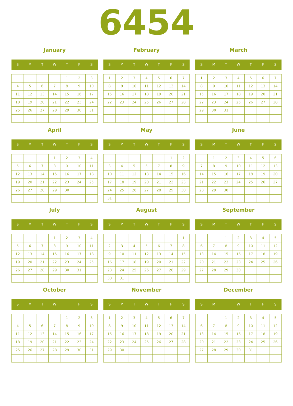 Printable 6454 Year Calendars chartreuse